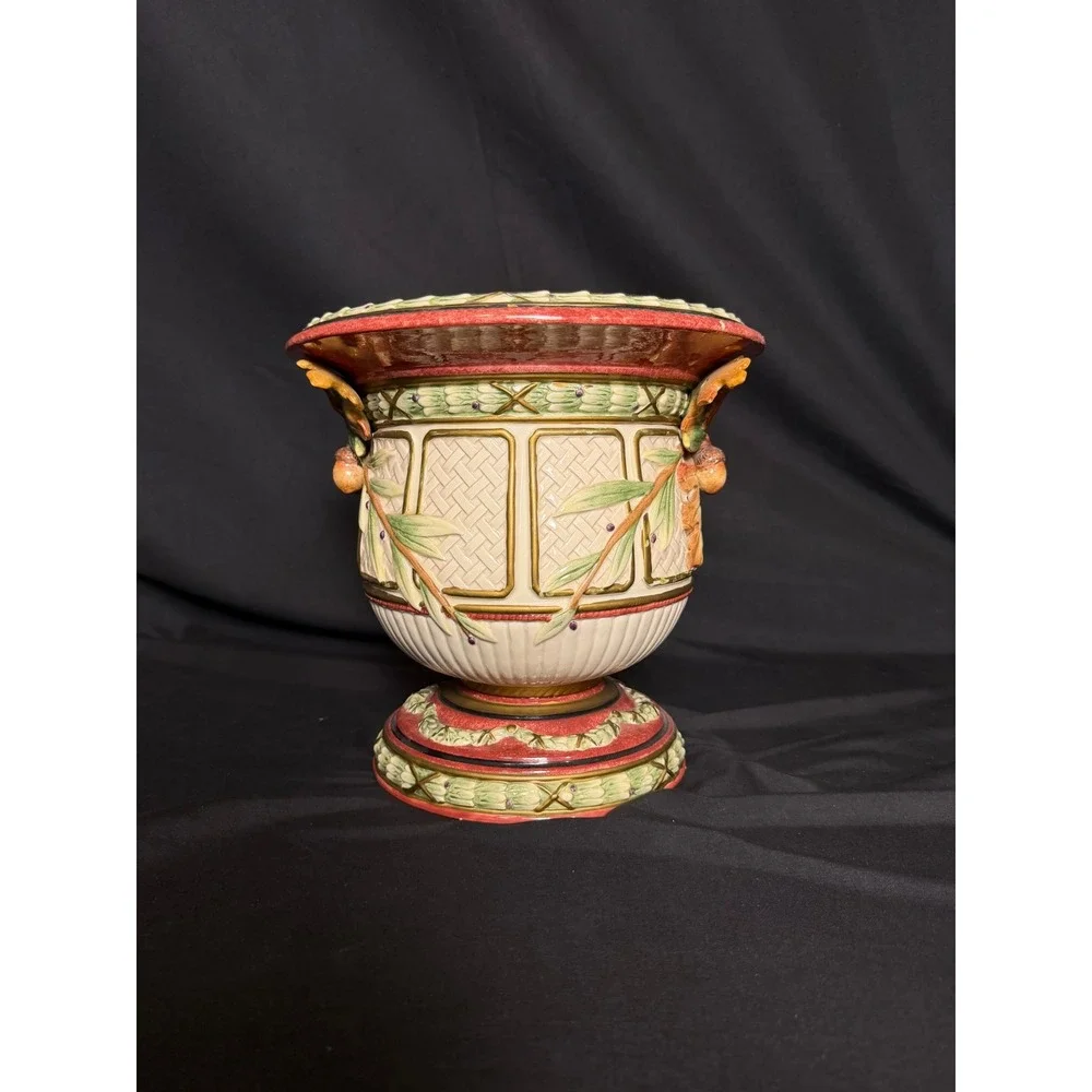 Fritz‎ & Floyd Urn Home Decor Large Cream Red Good Acorn Oak Leaf Majolica